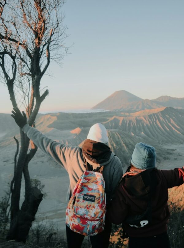 two person looking at mountains