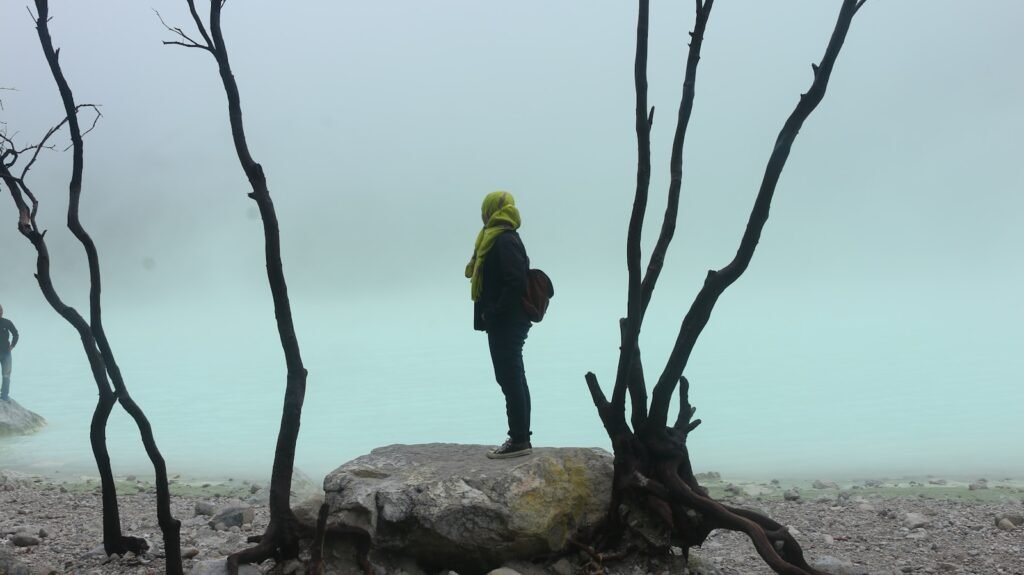 a person standing on a rock next to a body of water