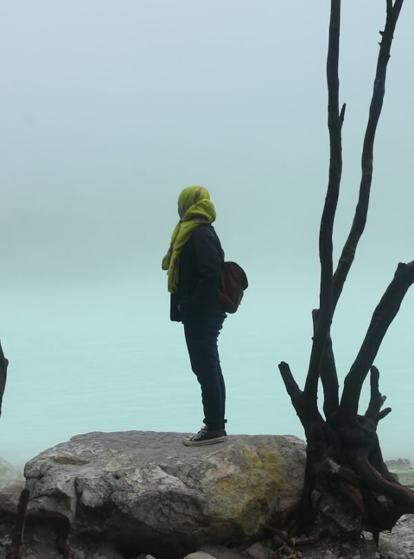 a person standing on a rock next to a body of water
