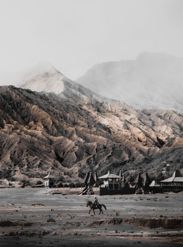 person riding horse near mountain range