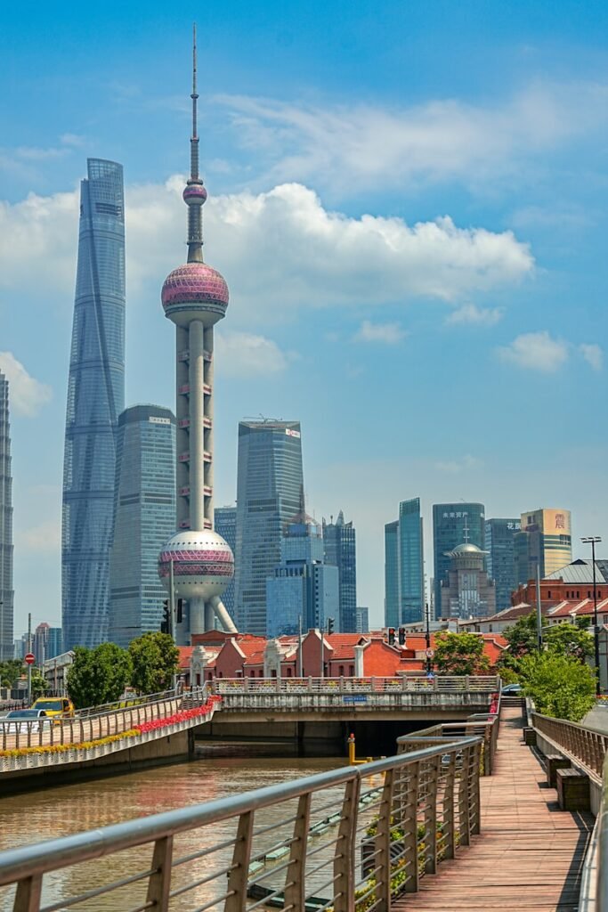 A view of a city skyline from a bridge