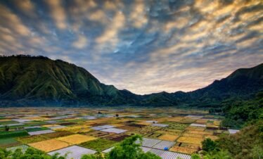 green grass field near mountain under cloudy sky during daytime