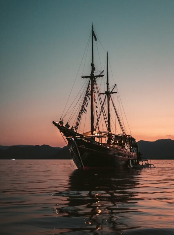 brown sail boat on sea during sunset